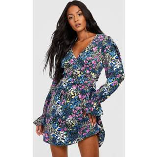 👉 Tall Bloemen Skater Jurk Met V-Hals En Ruches, Navy