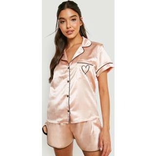 👉 Geborduurde Satijnen Hartjes Pyjama Set Met Shorts, Blush