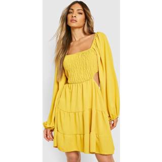 👉 Geweven Gesmokte Cut Out Jurk Met Lange Mouwen, Mustard