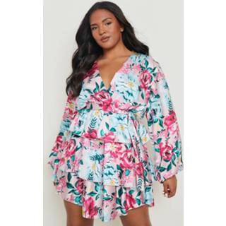 👉 Skater jurk blauw Plus Satijnen Bloemen Met Ruches En Ceintuur, Blue