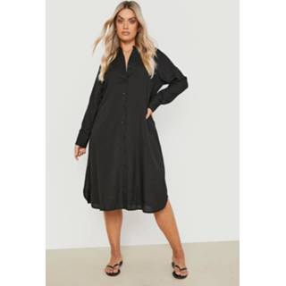👉 Blousejurk zwart linnen Plus Midi Blouse Jurk, Black