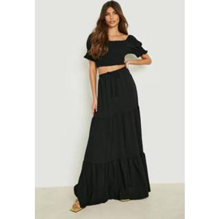 👉 Maxi rok zwart Geplooide Top Met Pofmouwen En Laagjes, Black