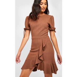 👉 Skater Jurk Met Textuur En Mouwstrikjes, Chocolate