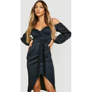 👉 Scuba Off Shoulder Midi Jurk Met Riem, Black