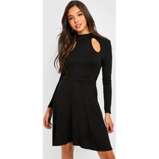 Cut Out Skater Jurk Met Lange Mouwen, Black