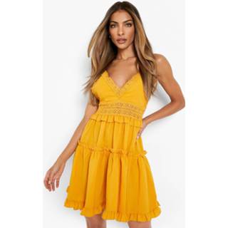 👉 Skater jurk mustard Mini Met Textuur En Bandjes,