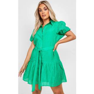 👉 Plus Skater Jurk Met Organza Pofmouwen En Ceintuur, Green