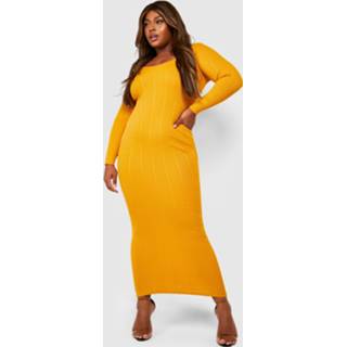 👉 Plus Strakke Geribbelde Premium Maxi Jurk, Mustard