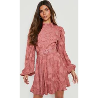 👉 Skater Jurk Met Textuur, Hoge Hals En Ceintuur, Rose