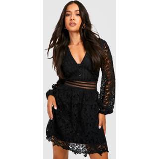 👉 Petite Premium Kanten Midi Skater Jurk, Black