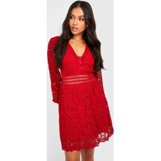 👉 Petite Premium Kanten Midi Skater Jurk, Cranberry