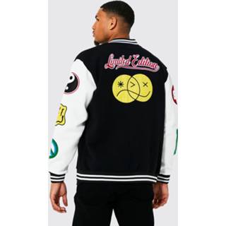 👉 Tall Varsity Bomberjack Met Badges, Black