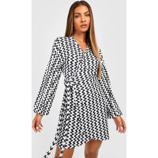 👉 Strakke Wikkel Jurk Met Golvende Print, Black_White