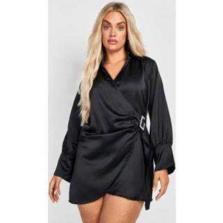 👉 Plus Satijnen Wikkel Blouse Jurk Met Steentjes, Black