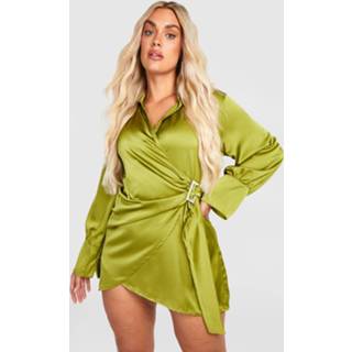 👉 Plus Satijnen Wikkel Blouse Jurk Met Steentjes, Olive