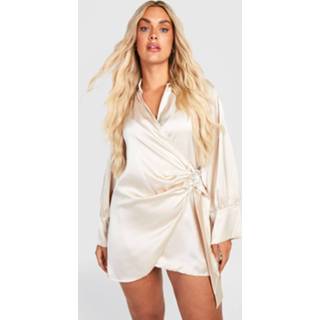 👉 Blousejurk champagne Plus Satijnen Wikkel Blouse Jurk Met Steentjes,