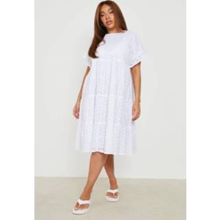 👉 Midi jurk wit Plus Gesmokte Broderie Jurk, White