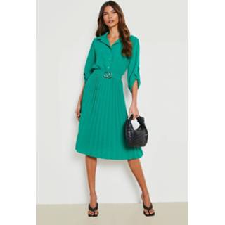 👉 Blousejurk donkergroen bright green Geplooide Midi Blouse Jurk Met Ceintuur,