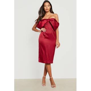 👉 Satijnen Off Shoulder Midi Jurk Met Strik, Wine