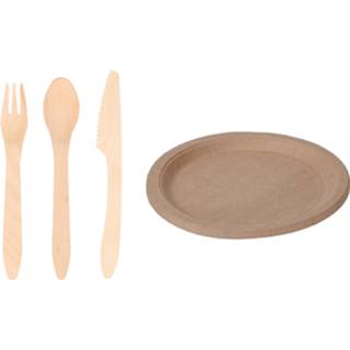 👉 Bestek bruin houten papieren papier verjaardag voor 18x personen set en 20x Duurzame taart/hapjes bordjes 23 cm