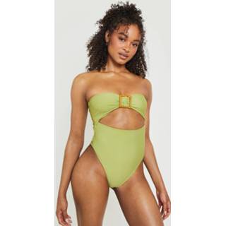 👉 Badpak houten olijfgroen Bandeau Cut Out Met Zoom, Olive