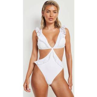 👉 Cut Out Badpak Met Franjes En Laag Decolleté, White