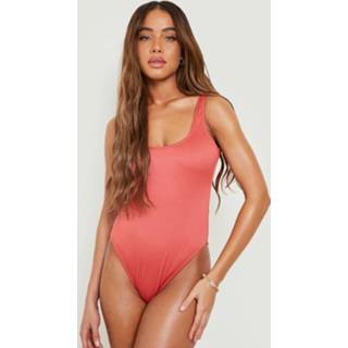 👉 Badpak rood Dusty Red Gerecyclede Geribbelde Hoog Uitgesneden Met Lage Rug,