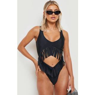 👉 Gerafeld Cut Out Badpak Met Strik, Black