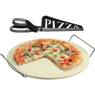 👉 Pizzasteen zwarte wit keramiek Keramieken rond 33 cm met handvaten en pizzaschaar