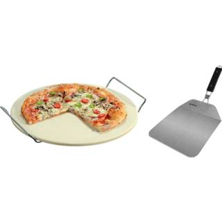 👉 Pizzasteen wit RVS keramiek Keramieken rond 33 cm met handvaten en inklapbare pizzaschep 25