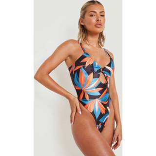 👉 Tropisch Cut Out Badpak Met Laag Decolleté En O-Ring, Black