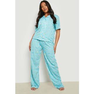 👉 Plus Gingham Bloemen Pyjama Set Met Broek, Blue