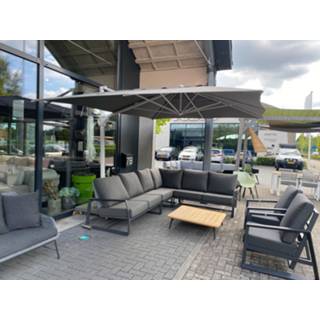 👉 Zweefparasol wit olefin rechthoekig zijwaarts Showmodel - 4 Seasons Outdoor Hacienda 300 x 400 cm frame charcoal doek + 125 kg voet wielen