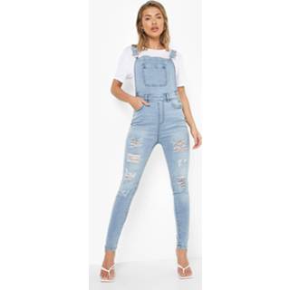 👉 Extreem Gescheurde Denim Skinny Fit Tuinbroek, Light Wash