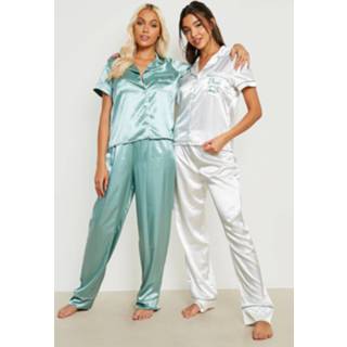 👉 Geborduurde Satijnen Brides Squad Pyjama Set Met Broek, Sage