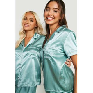 👉 Geborduurde Satijnen Maid Of Honour Pyjama Set, Sage