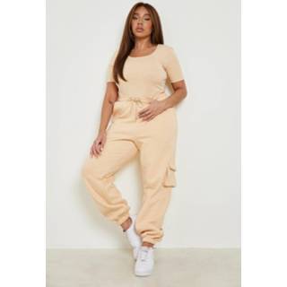 👉 Plus One Piece Met Lage Ronde Hals En Joggingbroek Met Zakken Set, Camel