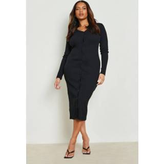 👉 Plus Gebreide Geribbelde Midi Jurk Met Knopen, Black