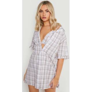 Katoenen Geruite Pyjama Blouse En Bralette, Camel