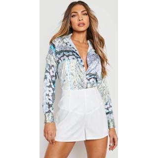 👉 Sjaal blauw Satijnen Paisley En Print Blouse, Blue