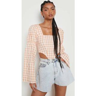 👉 Tall Gingham Korset Top Met Wijde Mouwen, Apricot