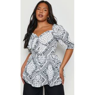 👉 Sjaal wit Plus Geweven Print Peplum Top, White