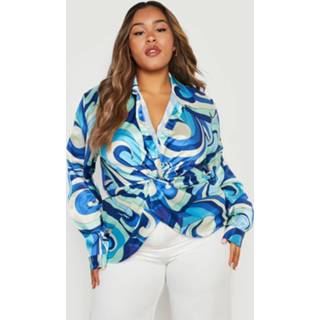 👉 Plus Satijnen Abstracte Gedraaide Blouse Jurk, Blue