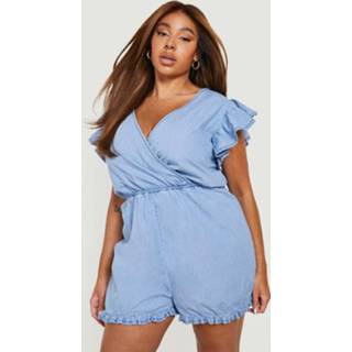 👉 Plus Losse Chambray Wikkel Romper Met Ruches, Mid Blue