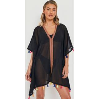 👉 Kwast zwart XS Strand Kaftan Met Kwastjes, Black