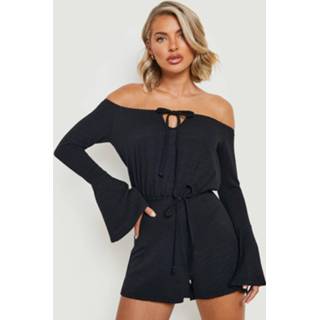 👉 Rompertje zwart Gekreukelde Off Shoulder Romper Met Wijde Mouwen, Black