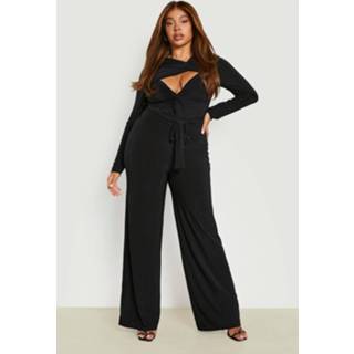 👉 Plus Dubbele Geknoopte Wide Leg Jumpsuit Met Ceintuur, Black