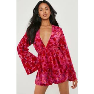👉 Devore Romper Met Wijde Mouwen En Laag Decolleté, Hot Pink