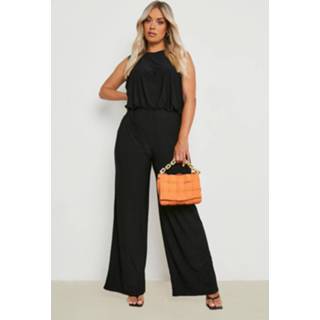 👉 Jumpsuit zwart Plus Strakke Wide Leg Met Shirtmouwen, Black