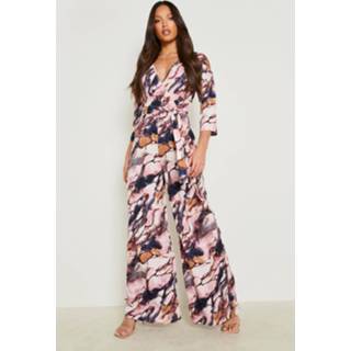 👉 Tall Marmerprint Wikkel Jumpsuit Met Ceintuur, Black